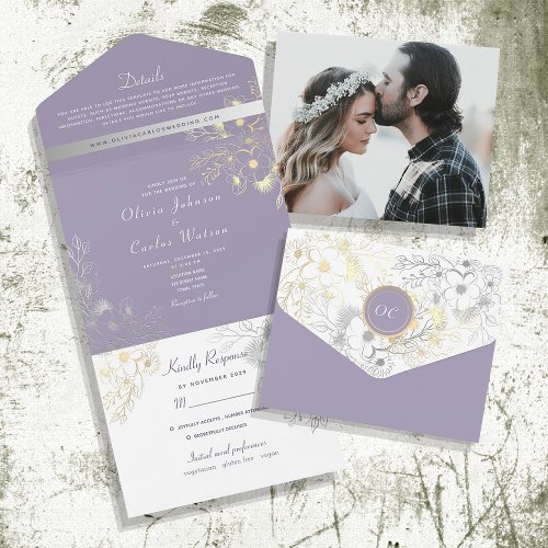 Vintage Floral Purple Wedding All In One Invitation