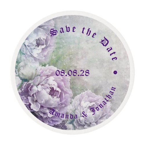 Vintage Floral Purple Wedding Save the Date Edible Frosting Rounds