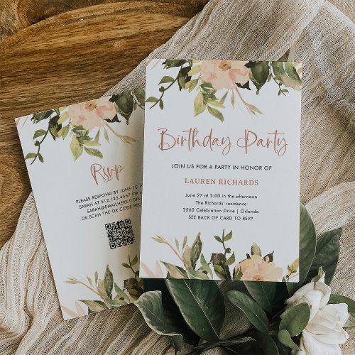 Vintage Floral  QR Code Birthday Party Invitation