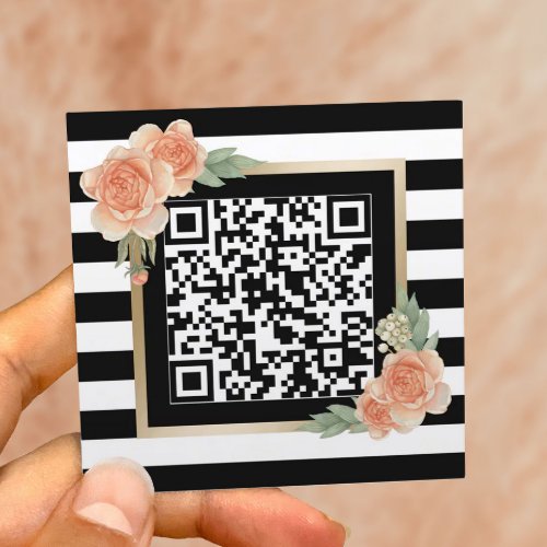 Vintage Floral QR Code Modern Stripes Square Business Card