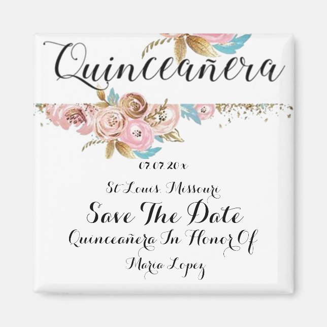 Vintage Floral Quinceanera Save The Date Magnet (Front)