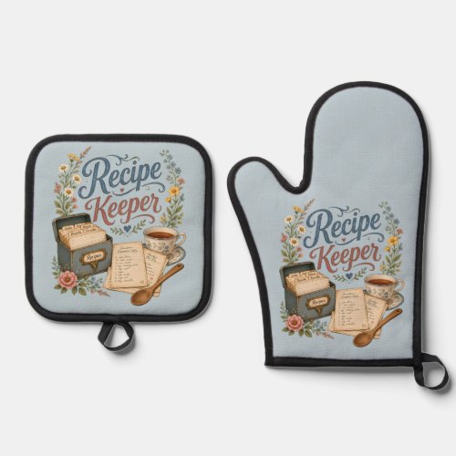 Vintage Floral Recipe Keeper Cottagecore Oven Mitt & Pot Holder Set
