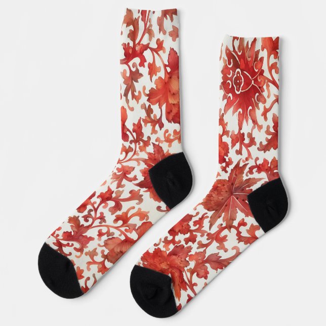Vintage Floral Red and Cream Art Socks (Left)