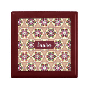 Vintage Floral Red Brown Custom Name Wooden Jewels Gift Box