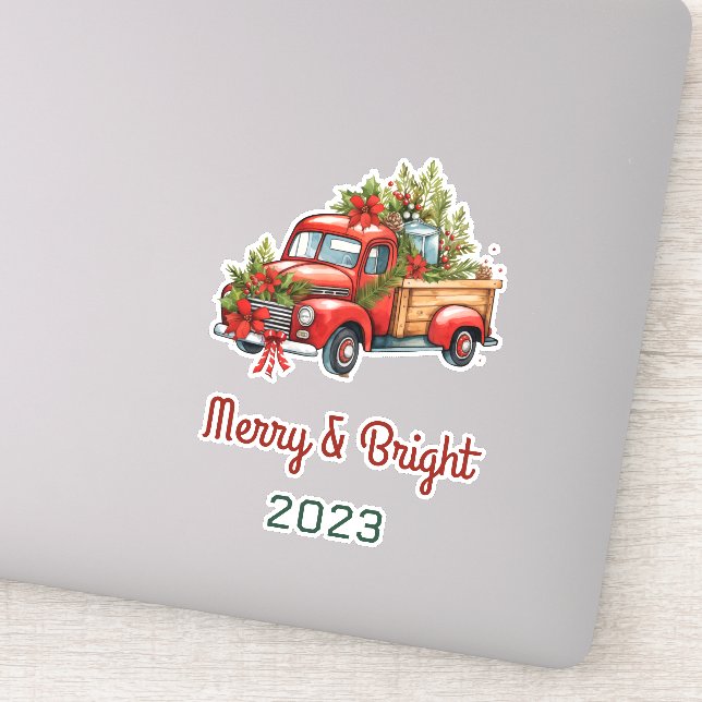 Vintage Floral Red Christmas Truck Holiday Sticker (Detail)