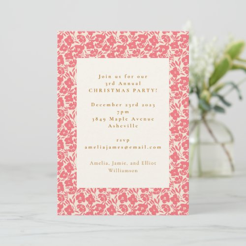 Vintage Floral Red Cute Holiday Christmas Party Invitation