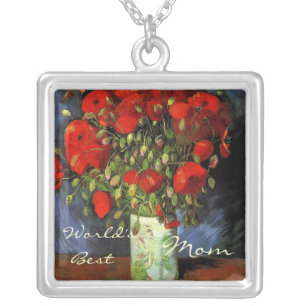 Vintage floral Red Poppies, best mom Silver Plated Necklace