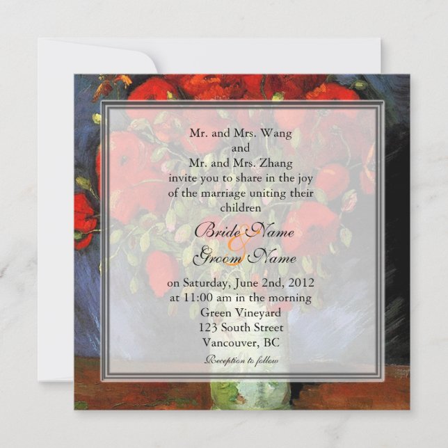 Vintage floral red poppies wedding invitation (Front)