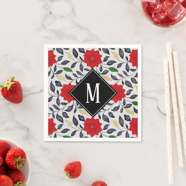 Vintage Floral Red Poppy Pattern Monogram Napkins (Insitu)