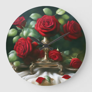 Vintage Floral Red Roses Large Clock