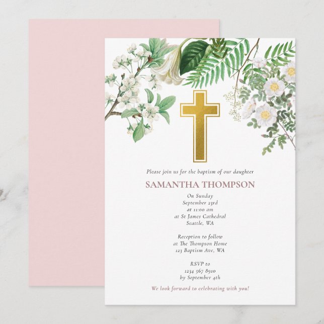 Vintage Floral Religious Gold Cross Baptism  Invitation (Front/Back)