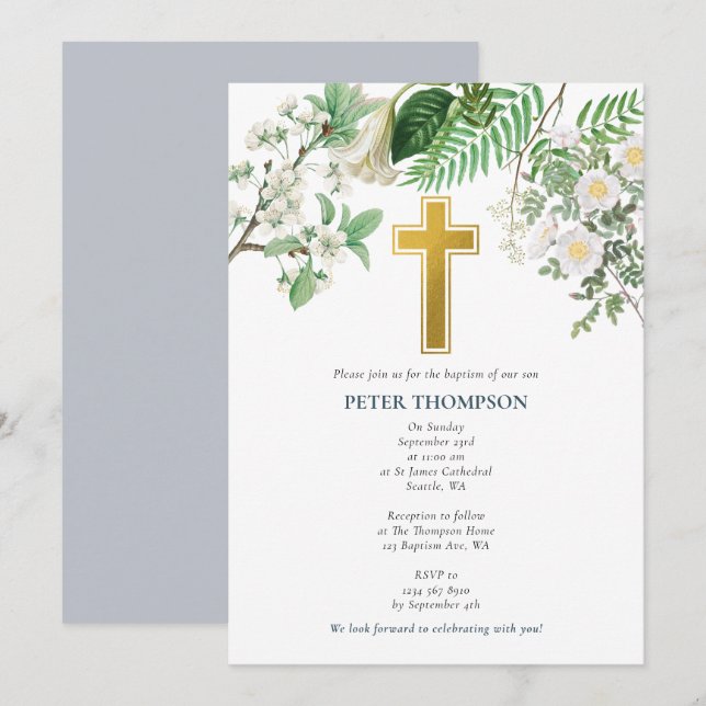 Vintage Floral Religious Gold Cross Baptism Invitation (Front/Back)