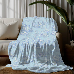 Vintage floral retro blue grey toile de jouy fleece blanket