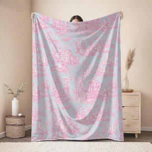 Vintage floral retro blue pink toile de jouy fleece blanket