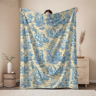 Vintage floral retro blue yellow toile de jouy fleece blanket