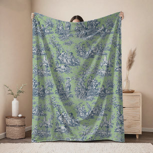Vintage floral retro green blue toile de jouy fleece blanket