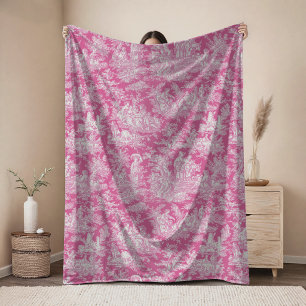 Vintage floral retro hot pink toile de jouy fleece blanket