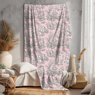 Vintage floral retro pink grey toile de jouy fle fleece blanket