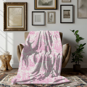 Vintage floral retro pink toile de jouy fleece blanket