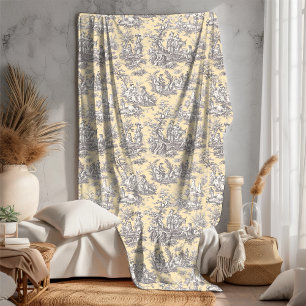 Vintage floral retro yellow grey toile de jouy fle fleece blanket