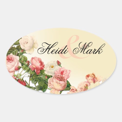 Vintage Floral Romance Pink Roses  ivory Oval Sticker