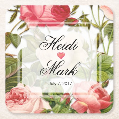 Vintage Floral Romance Pink Roses Square Paper Coaster