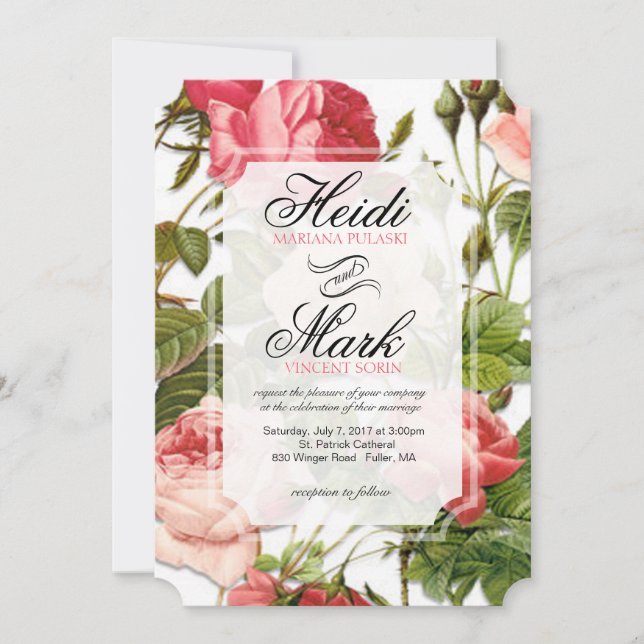 Vintage Floral Romance Pink Roses Wedding Invitation (Front)