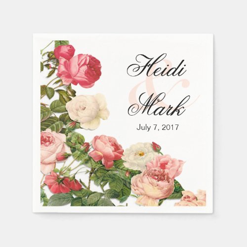 Vintage Floral Romance Pink Roses  white Napkins