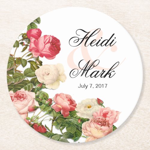 Vintage Floral Romance Pink Roses  white Round Paper Coaster