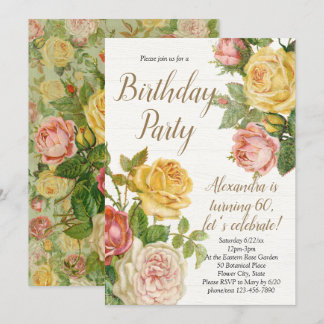 Vintage Floral Rose Adult Womens Birthday Party Invitation