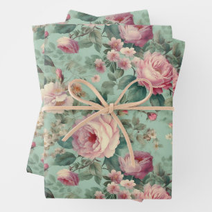 Vintage Floral Rose Aqua Decoupage Wrapping Paper Sheets