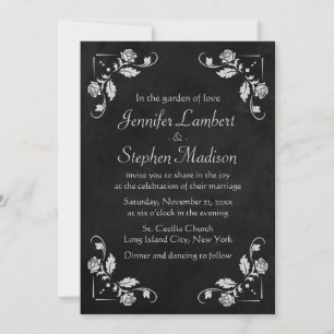 Vintage Floral Rose Black Chalkboard Gray Wedding Invitation