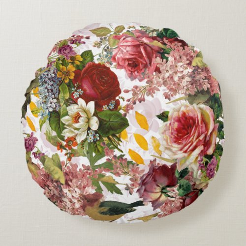 Vintage Floral Rose Collage Round Pillow
