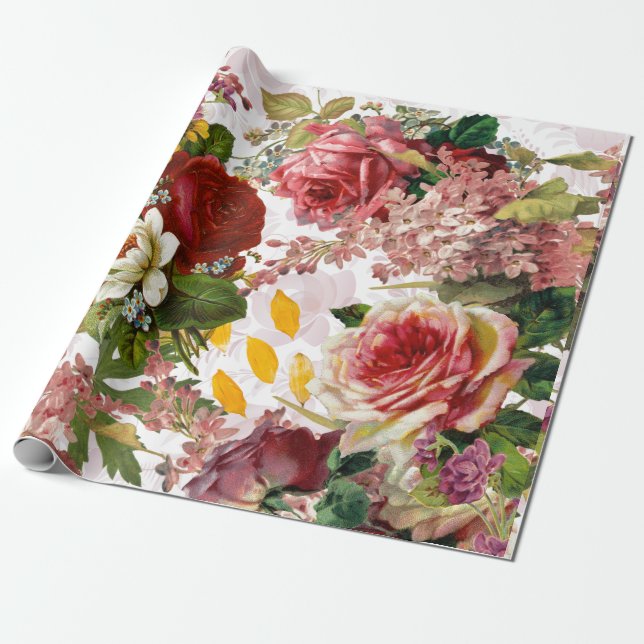 Vintage Floral Rose Collage Wrapping Paper (Unrolled)