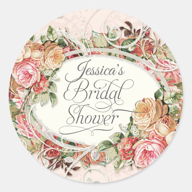 Vintage Floral Rose Elegant Bridal Shower Blush Classic Round Sticker (Front)