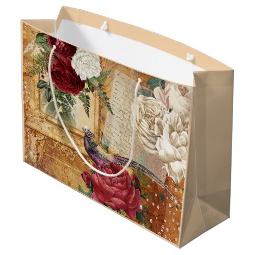 Vintage floral rose glitter pheasant letter script large gift bag