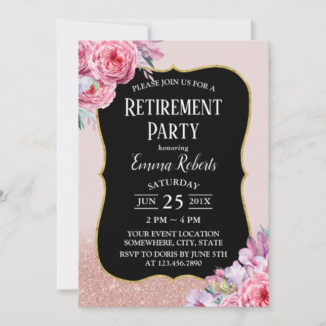 Vintage Floral Rose Gold Glitter Retirement Invitation (Front)