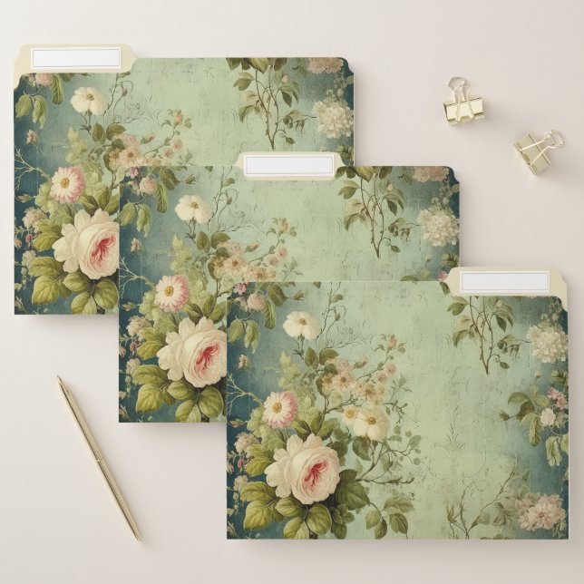 Vintage Floral Rose Greenery Decoupage File Folder (Set)