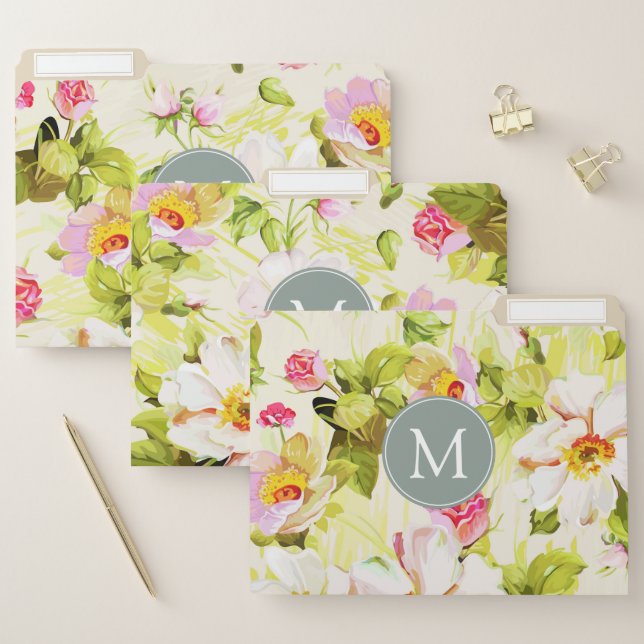 Vintage Floral Rose Peonies Monogram File Folders (Set)