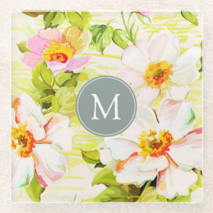 Vintage Floral Rose Peonies Monogram Glass Coaster