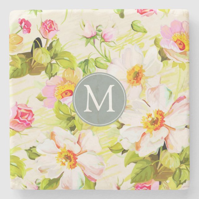 Vintage Floral Rose Peonies Monogram Stone Coaster (Front)