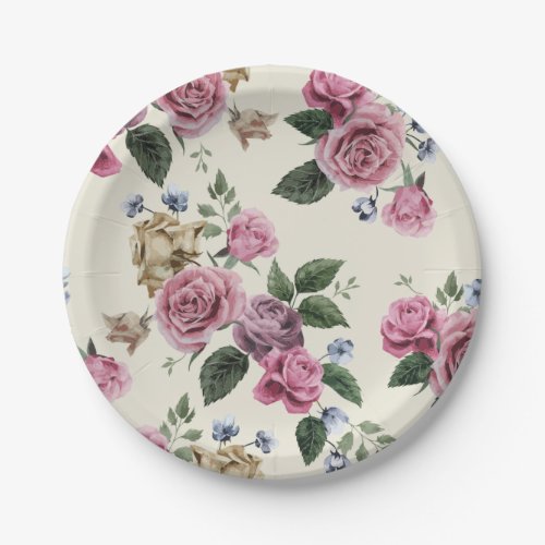 Vintage Floral Rose Pink And Lavender Flower Paper Plates