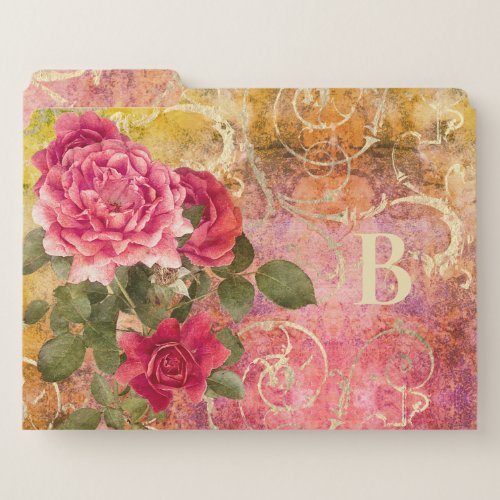 Vintage Floral Rose Pink with Gold Damask Monogram File Folder