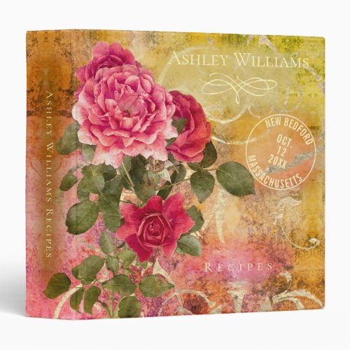 Vintage Floral Rose Postage Stamp Monogram Recipe 3 Ring Binder