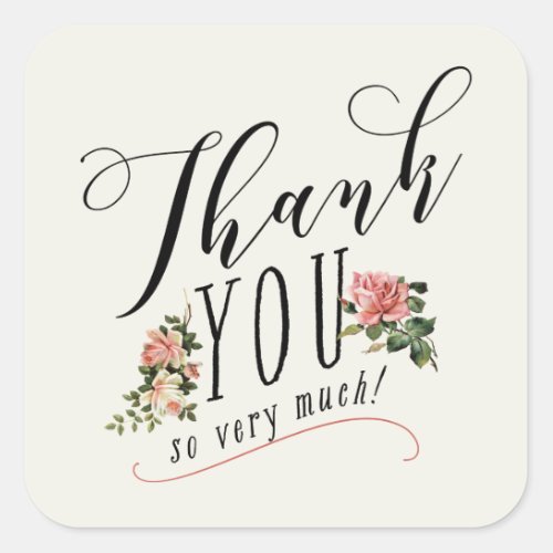 Vintage Floral Rose Typography Thank You Square Sticker