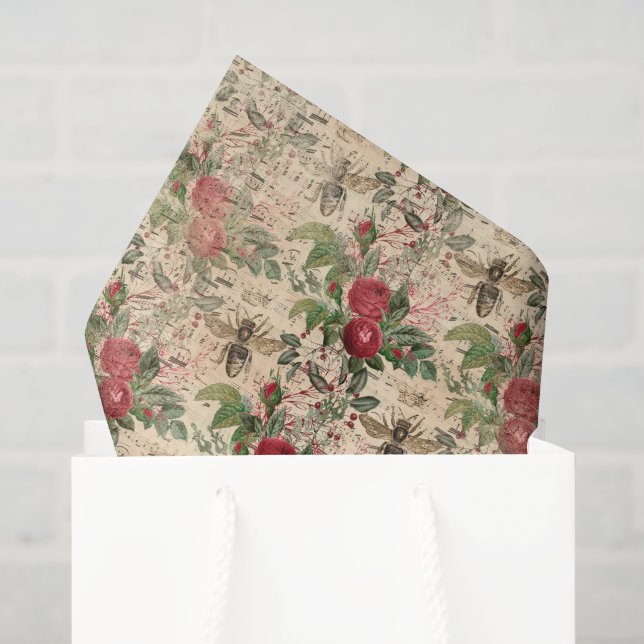 Vintage Floral Roses and Bees Tissue Paper (Gift Bag)