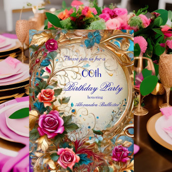 Vintage Floral Roses Blue Gold Pink Birthday Party Invitation by Zizzago at Zazzle