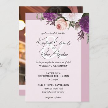 Vintage Floral Roses & Dusty Mauve Photo Wedding Invitation by CyanSkyCelebrations at Zazzle
