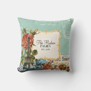 Vintage Floral Roses Eiffel Tower Marie Antoinette Throw Pillow