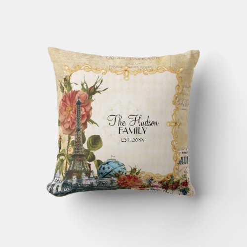 Vintage Floral Roses Eiffel Tower Marie Antoinette Throw Pillow